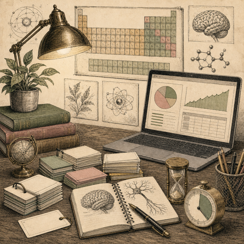 A desk cluttered with study tools: stacks of flashcards, a ticking study timer, a periodic table poster, and an open laptop displaying a GPA calculator interface, all under a calming lamp light.