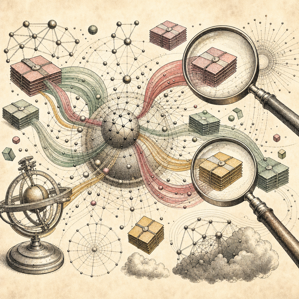 An abstract representation of API requests: colorful swirling lines connecting data packets, some with magnifying glasses highlighting specific packets to depict debugging, against a backdrop of digit