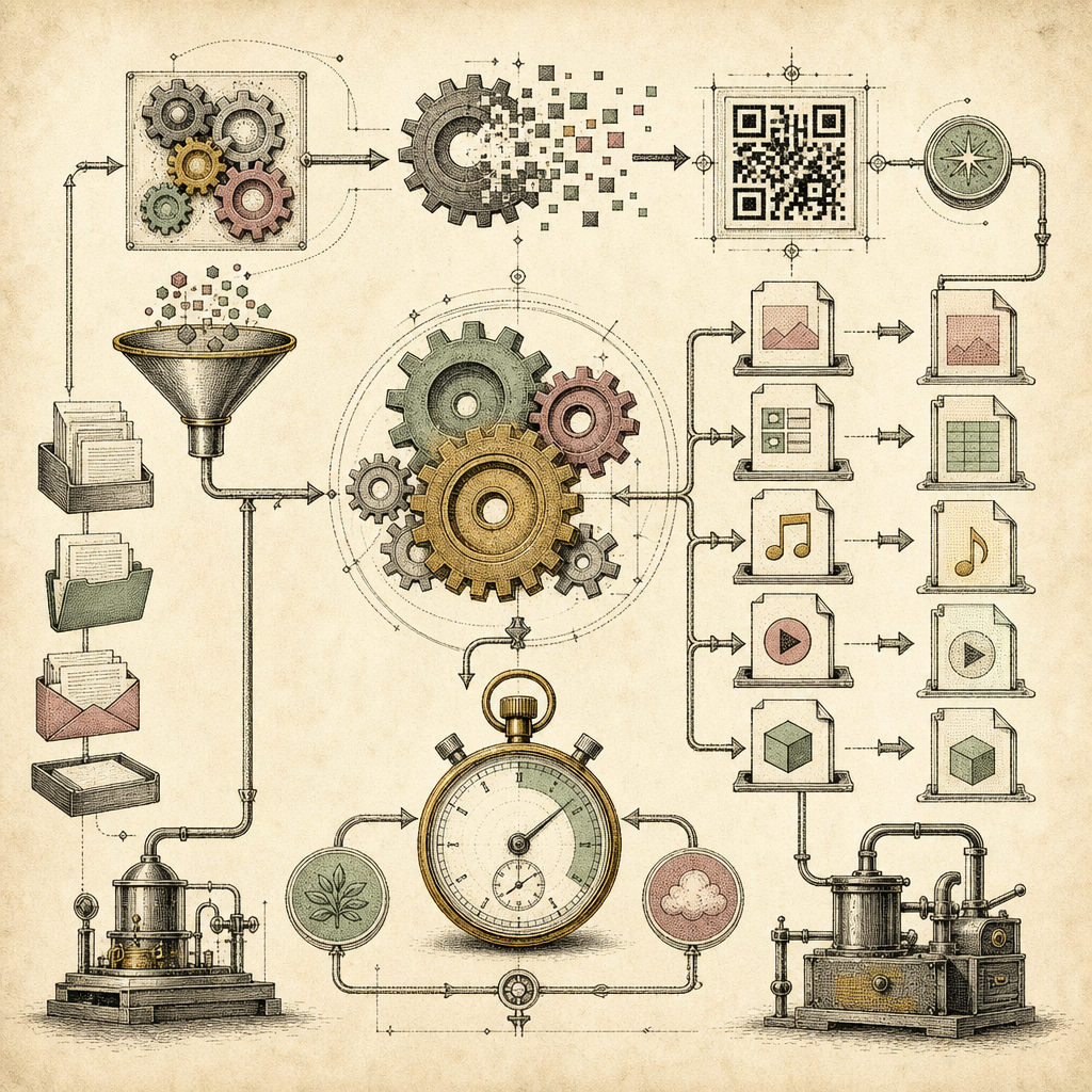A digital imager depicting various icons of automation tasks, such as gears transforming into QR codes, file format conversion symbols, and a stopwatch symbolizing time-saving, all interconnected in a