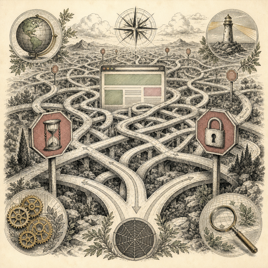 A tangled web of roads symbolizing complex website navigation, with stop signs that represent common SEO pitfalls like slow loading times and unsecured connections.