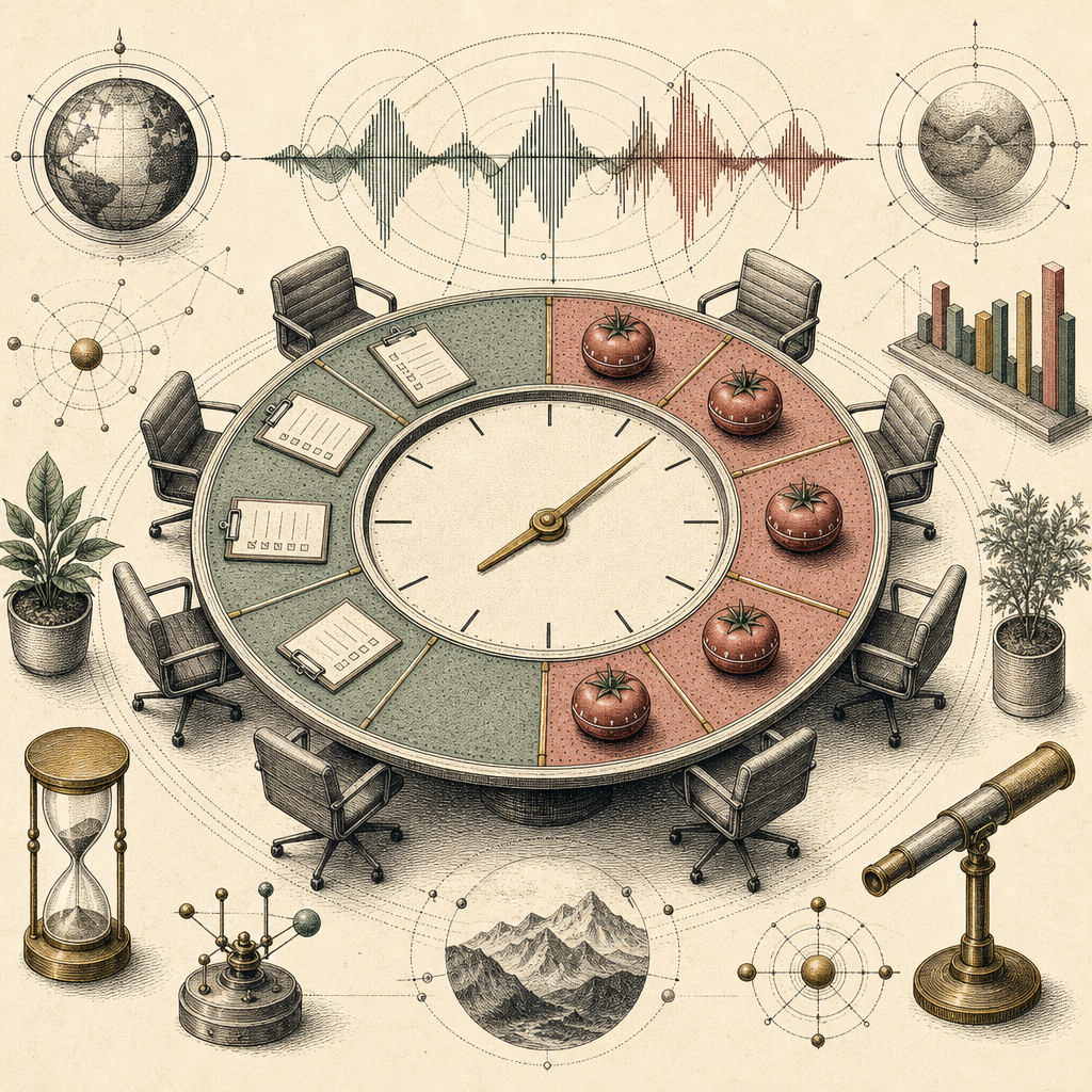 A digital meeting table with a large clock face, pomodoro segments, checklists, and ambient sound waveforms surrounding it, illustrating the concept of productivity in meetings.