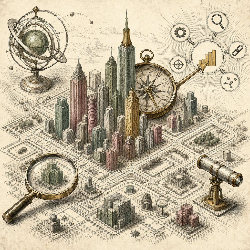 A digital cityscape composed of keywords as skyscrapers and metadata as streets, with a navigation compass pointing towards SEO optimization symbols.