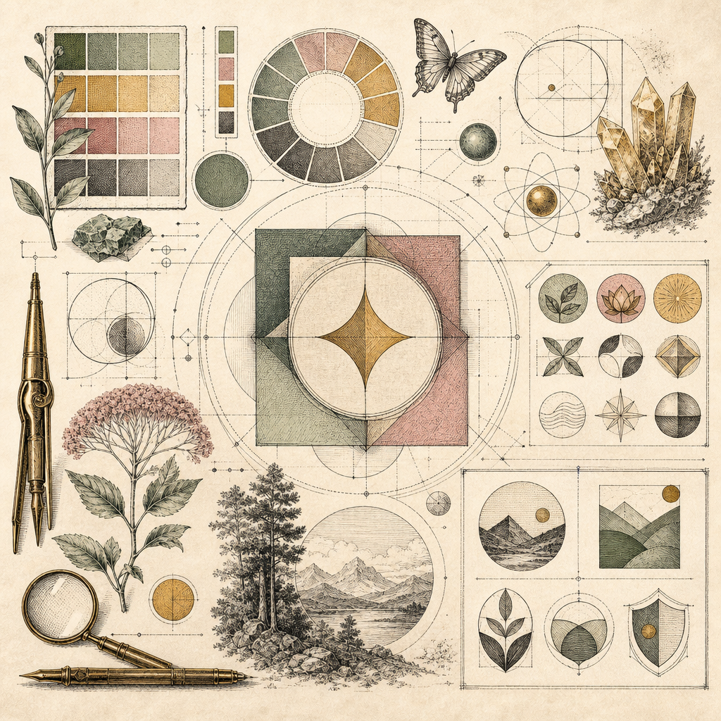 An abstract design scene showing various color palettes, typefaces, and design elements like logos and icons interweaving seamlessly, symbolizing brand consistency in design.