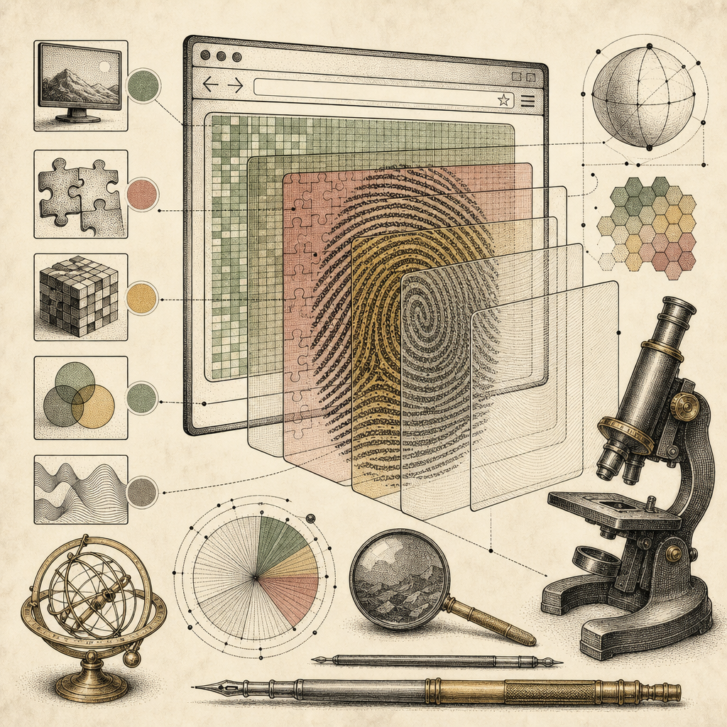 An abstract visualization showing a web browser with various overlapping transparent layers like screen resolution, plugins, and color depth forming a unique fingerprint pattern.