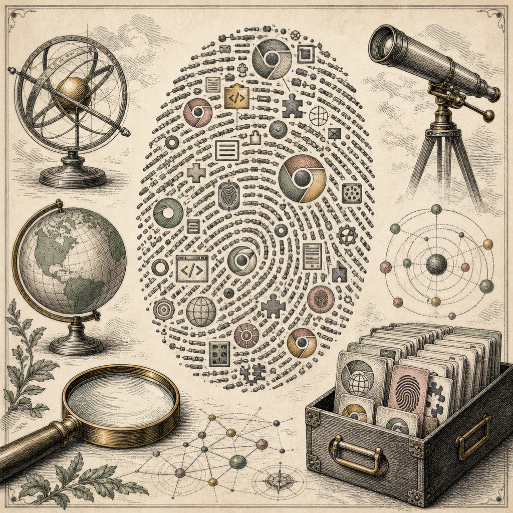 A digital fingerprint composed of browser icons, scripts, and code snippets, symbolizing browser fingerprinting and online identity tracking.