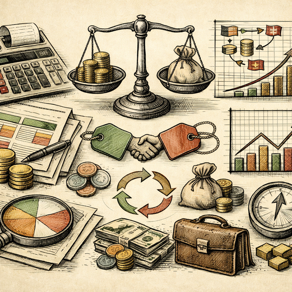 A vibrant image showcasing a collection of business negotiation tools like profit margin calculators, currency conversion charts, and ROI graphs with symbolic representations of negotiations such as s