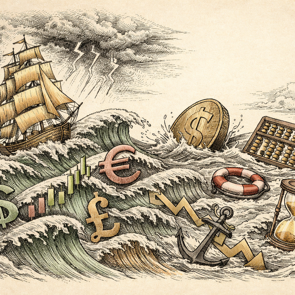 A ship navigating through stormy seas, symbolizing a business managing cash flow challenges, with abstract waves made from currency symbols and financial charts.