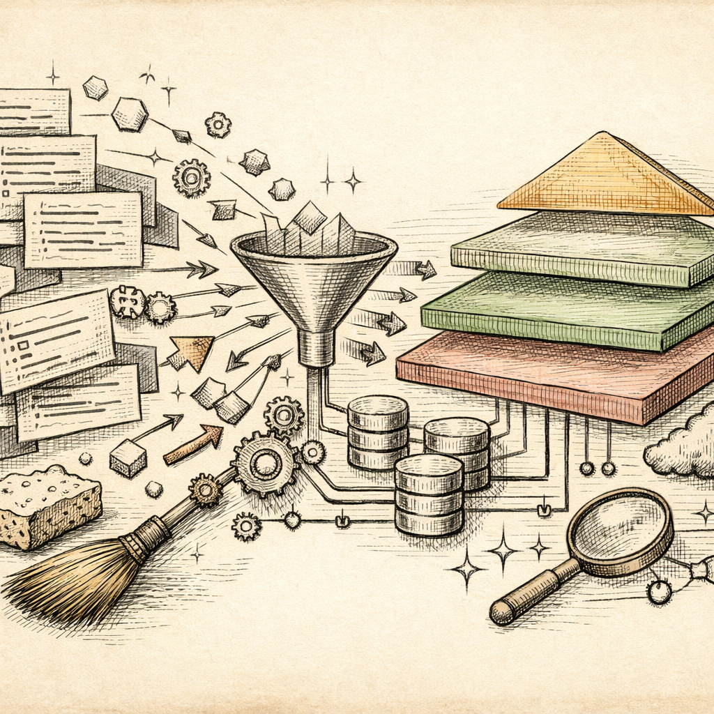An abstract depiction of neat, organized code snippets flowing harmoniously into a streamlined structure, with symbols of cleanliness like a broom or sponge subtly integrated.