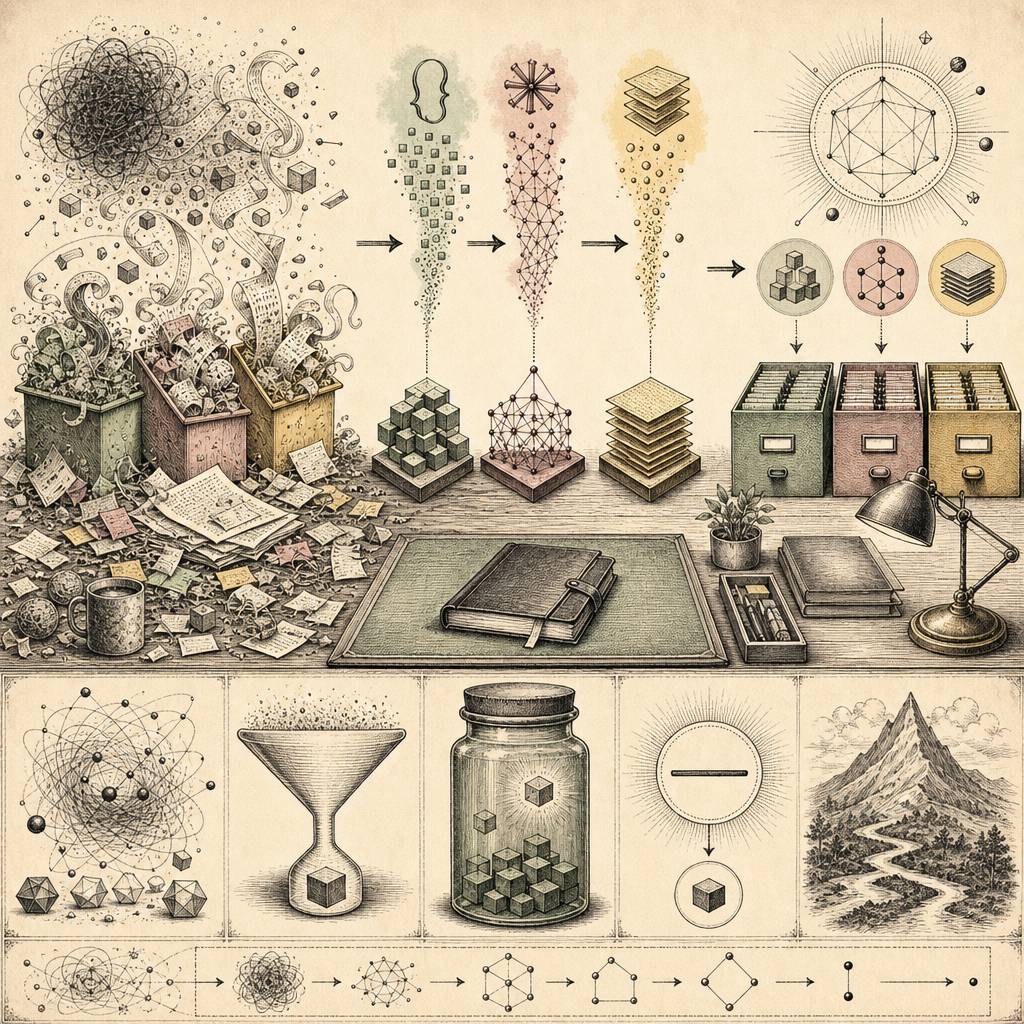 A cluttered desk transforming into an organized workspace, with coding tools like JSON strings, Regex patterns, and CSS stylesheets morphing into neat structures. Abstract symbols of code efficiency w