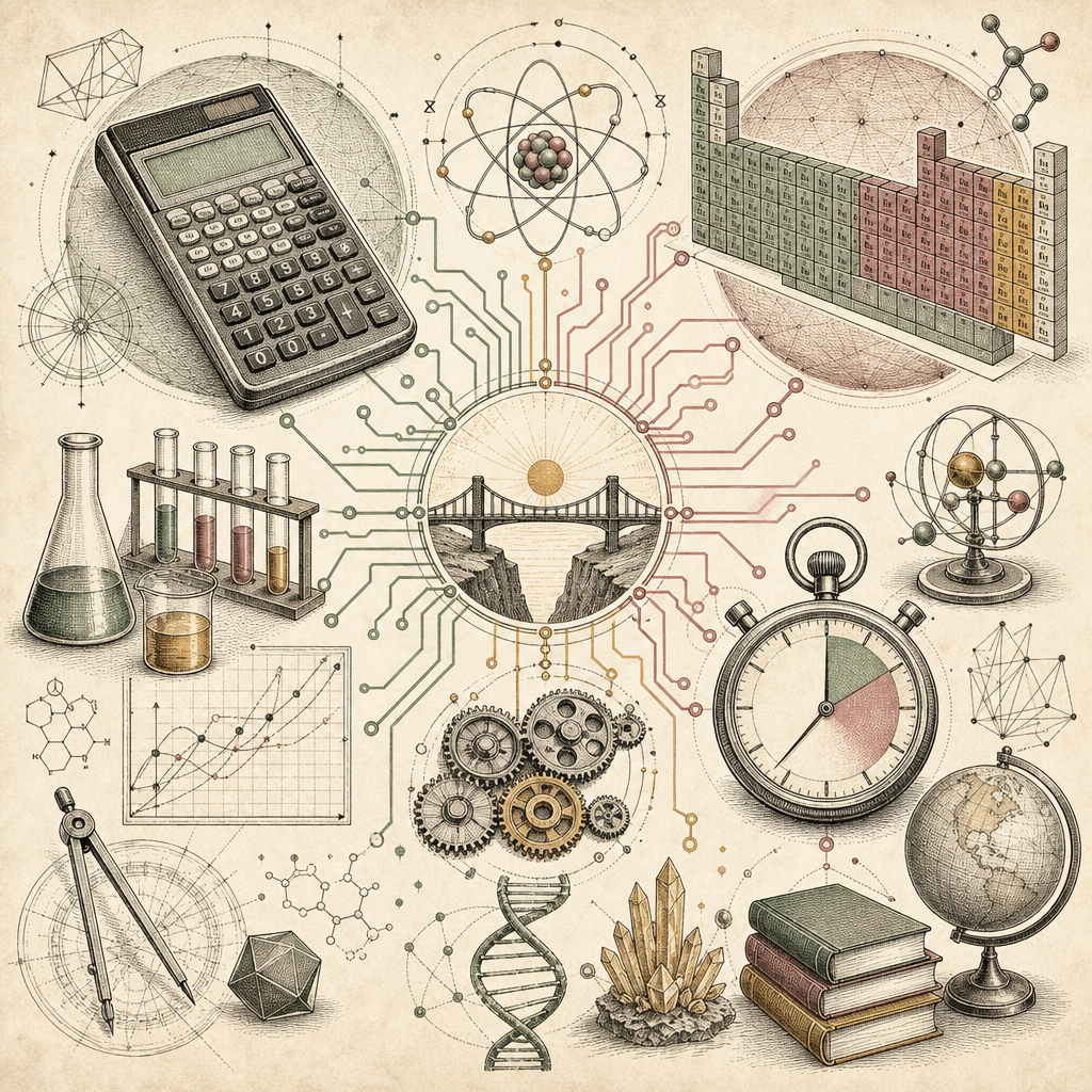A digital illustration of a concept map showing various STEM tools like a calculator, periodic table, unit converter, and study timer interconnected by digital data lines, symbolizing the bridging of 