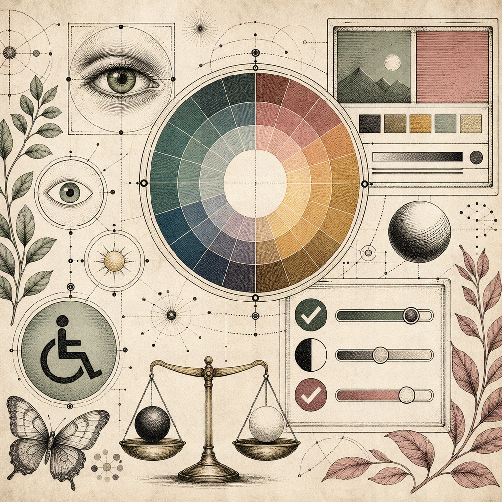 An abstract representation of color accessibility, featuring a color wheel with various shades alongside accessibility symbols like check marks and contrast sliders in a digital design context.