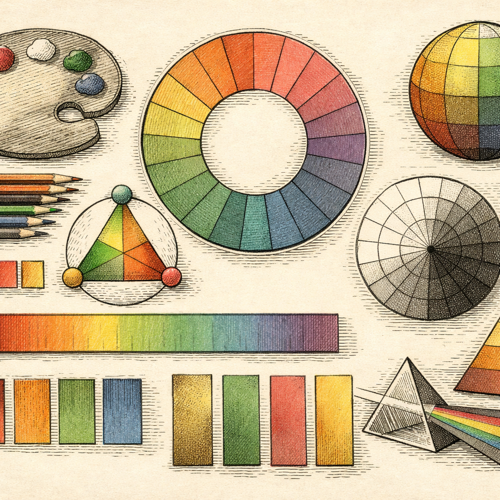 Illustration of a vibrant color palette with various gradients, color wheels, and color swatches, symbolizing brand consistency and color harmony in design.