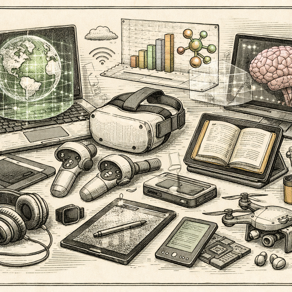 A classroom filled with diverse digital tools like tablets, VR headsets, and holographic screens, symbolizing modern digital literacy and learning.