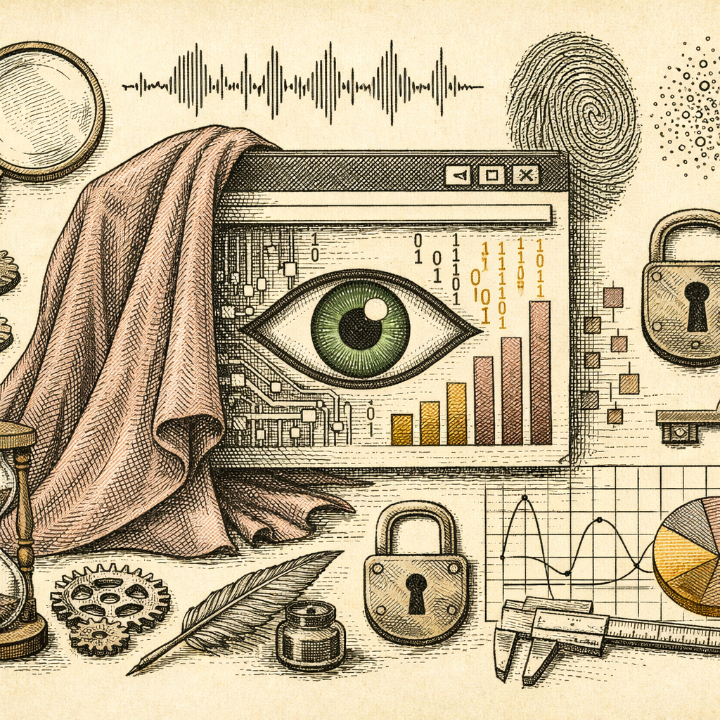 A digital cloak partially covering a browser window that displays an open eye symbol, surrounded by abstract data patterns, to symbolize online tracking through browser fingerprinting.