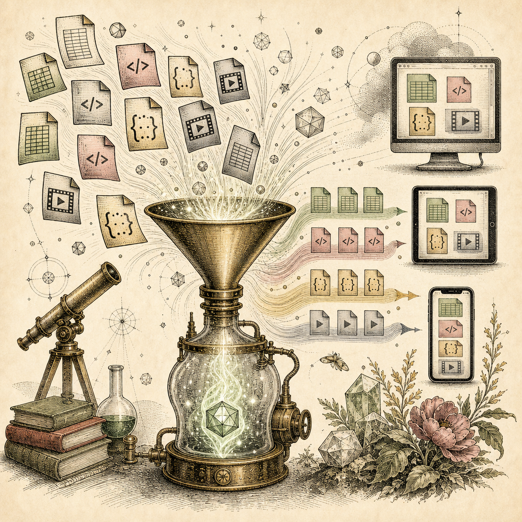 An abstract digital landscape featuring various file icons (CSV, XML, JSON, MP4) transforming into compatible formats across different platforms (desktop, tablet, mobile) through a magical converter f