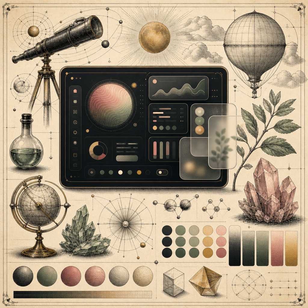 An abstract digital screen in dark mode with glowing UI elements, showcasing contrast and readability. Include color palettes, typography samples, and glassmorphism effects.