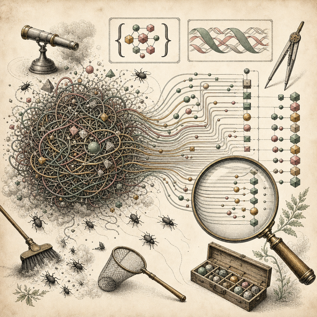 An abstract representation of a tangled mass of wires and computer code slowly untangling, with bugs scurrying away as debugging tools like a JSON formatter and regex patterns hover above, symbolizing