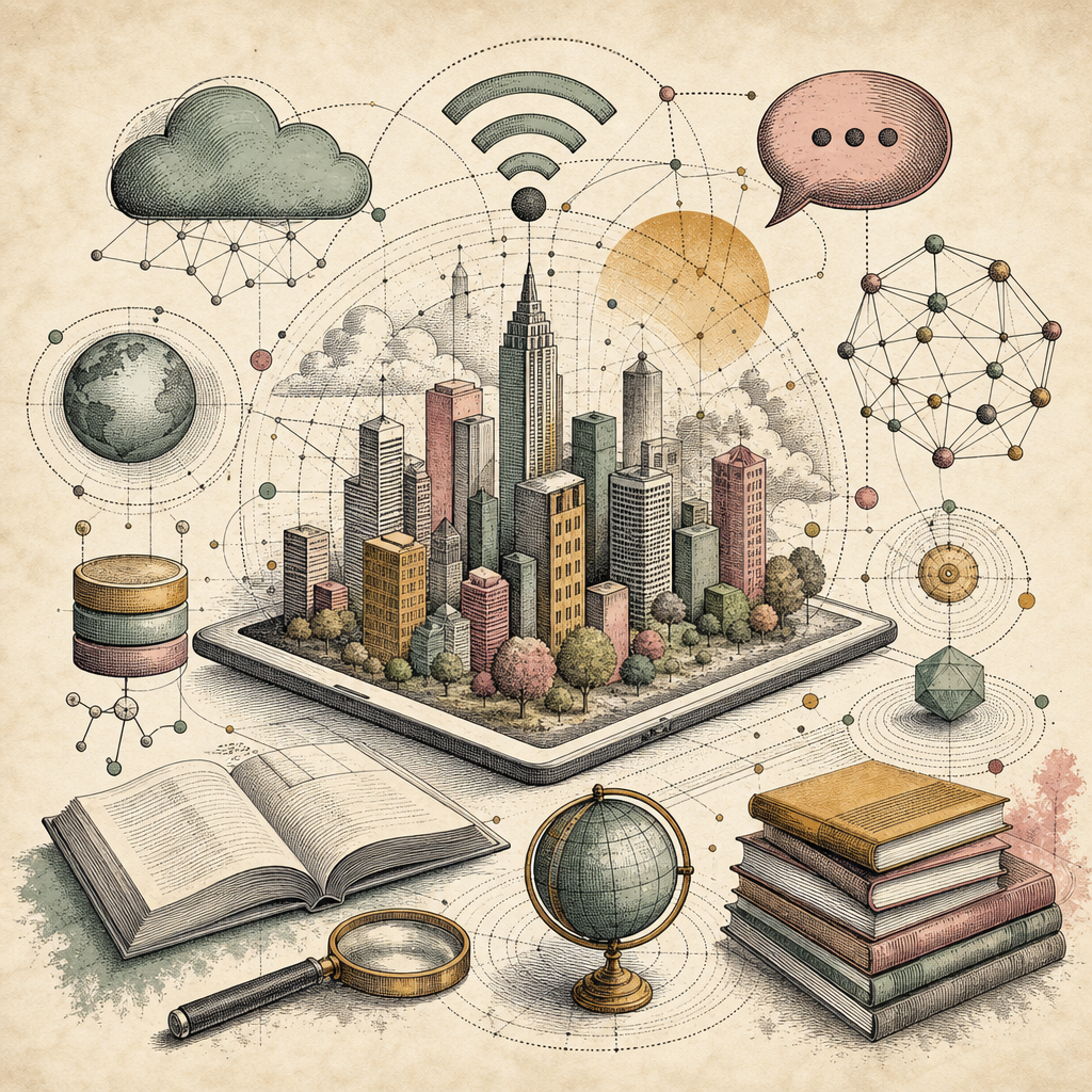 A vibrant digital cityscape with digital symbols like a WiFi icon, chat bubble, cloud storage, and an open book, representing digital literacy in a colorful and abstract manner. No humans or animals.