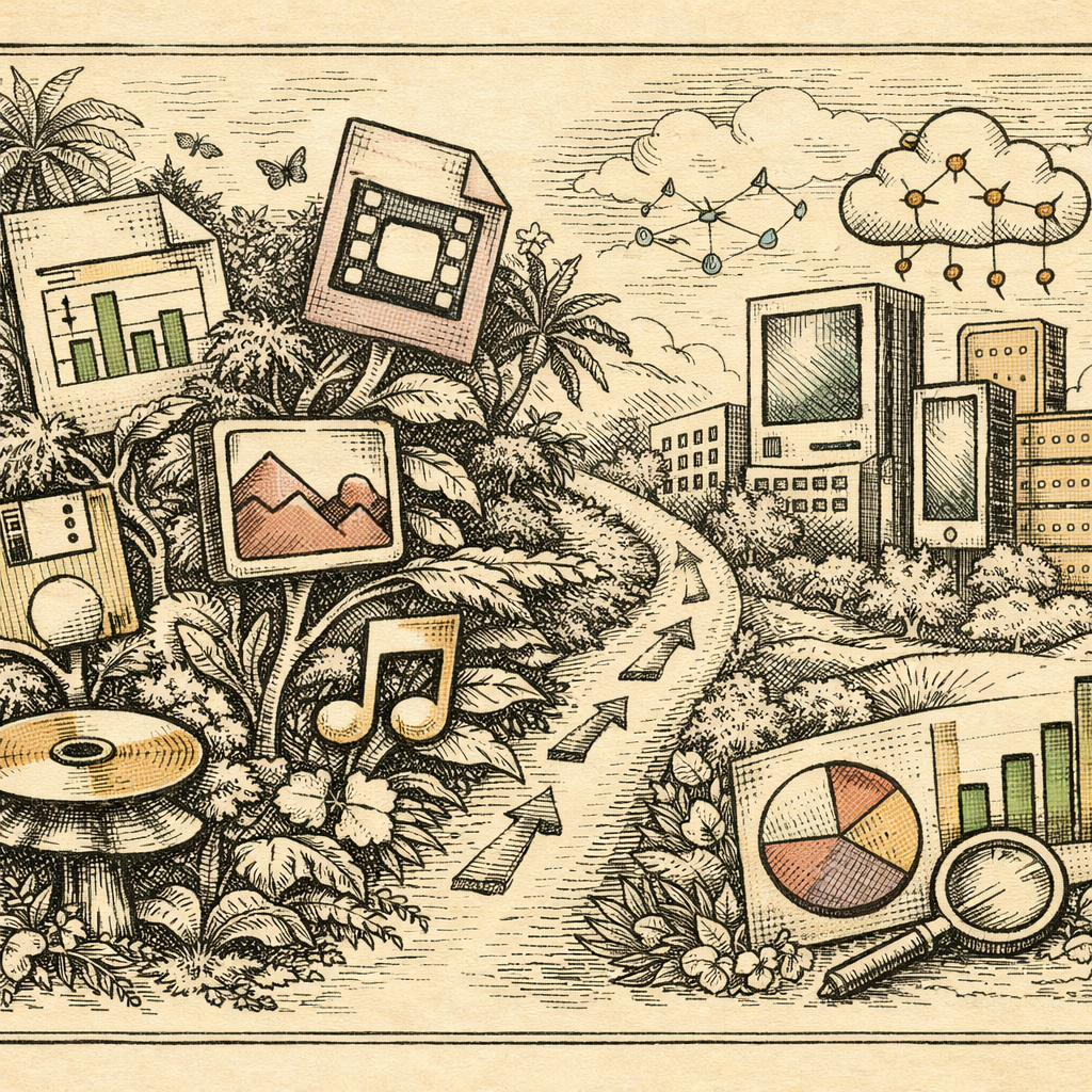 A digital jungle with file format icons like .csv, .pdf, .mp4, and more as exotic plants, with a path showing transformation into a modern, organized city, symbolizing conversion and understanding of 
