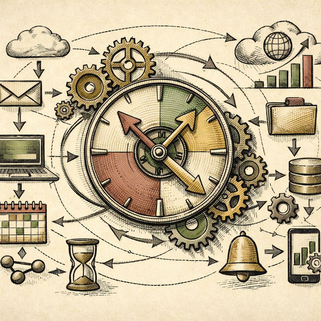 An abstract digital clock with gears and arrows representing automated tasks and schedules, surrounded by a web of interconnected digital tasks symbolizing cron jobs.