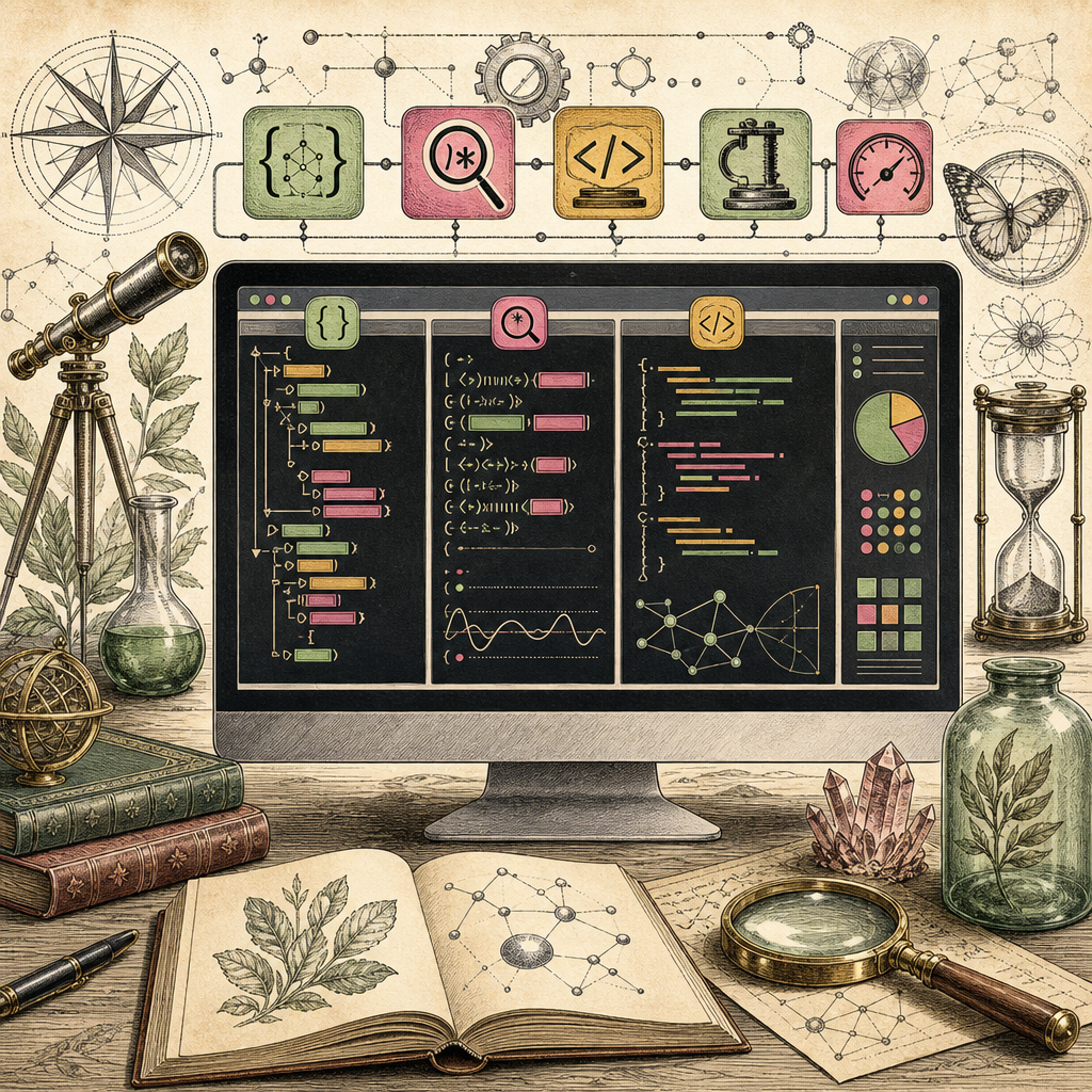 A computer screen displaying a colorful, organized workflow of development tools such as JSON Formatter, Regex Tester, CSS Minifier, visually depicted with vibrant icons and code snippets on a digital