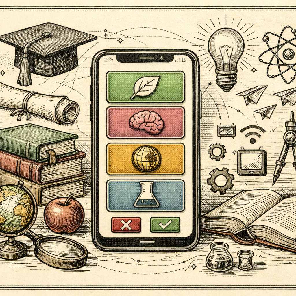 A colorful digital flashcard interface on a smartphone screen, surrounded by symbols of education like books, graduation caps, and lightbulbs, representing learning and technology integration.