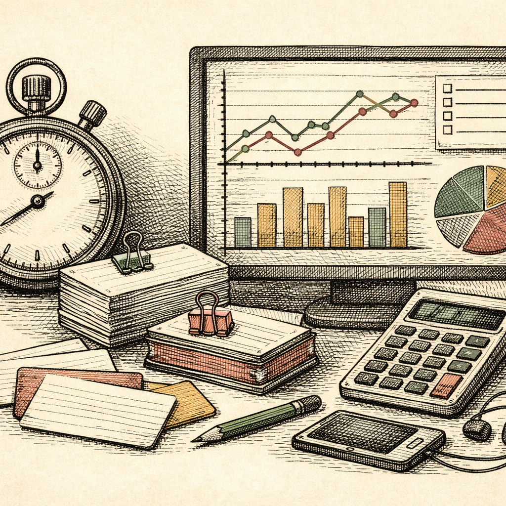 A digital exam preparation scene featuring various tech tools like a stopwatch, flashcards, a digital calculator, and a computer screen displaying graphs and notes, all coming together to form a cohes