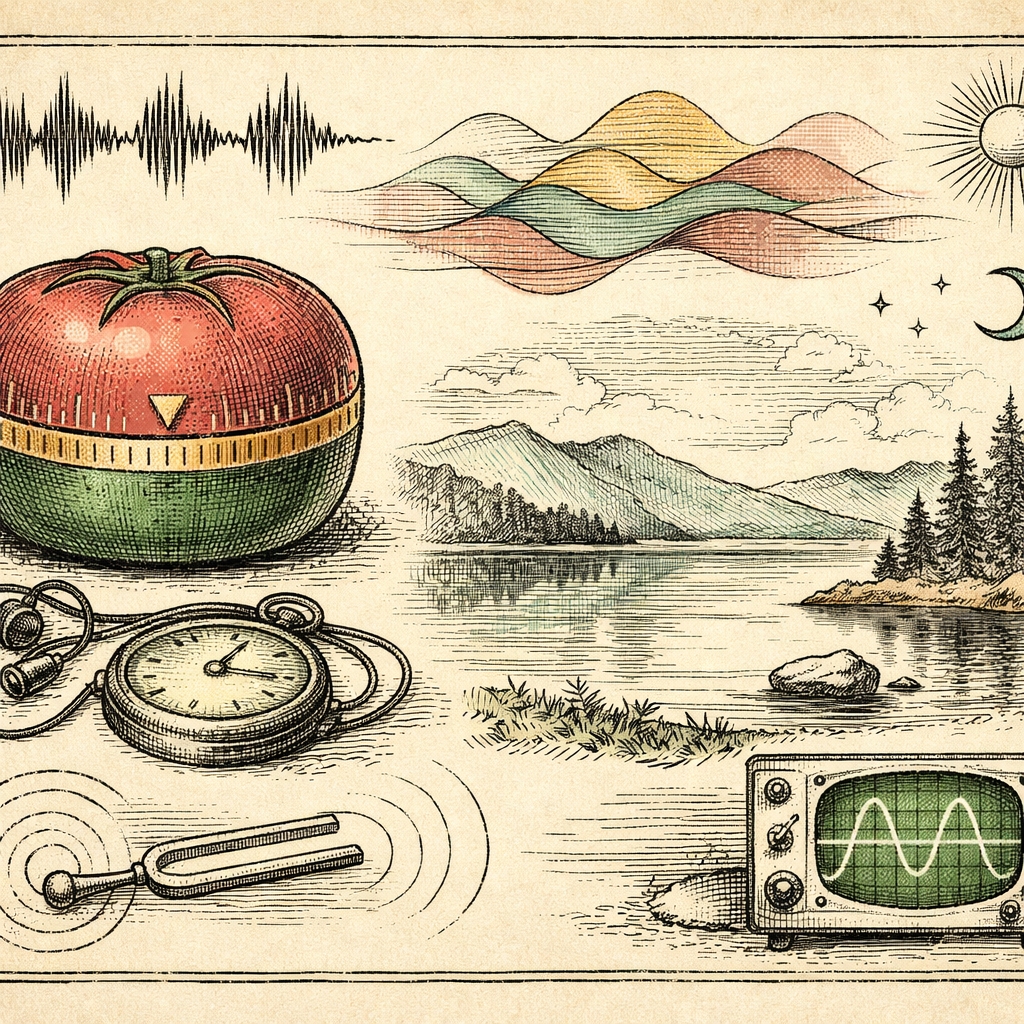 A digital scene of a Pomodoro timer beside a serene landscape with ambient sound waves visualized, representing focus and calmness.