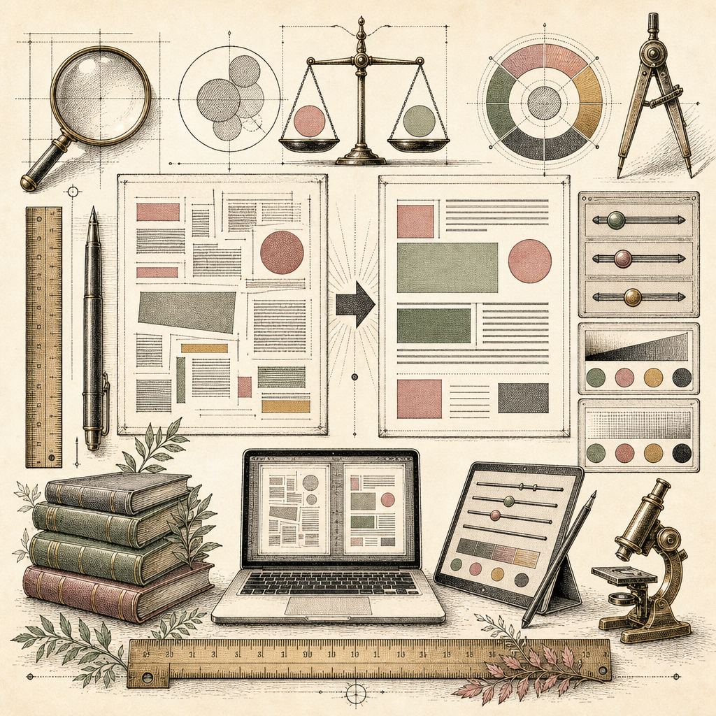 An abstract depiction of typography mistakes being corrected using digital tools: showing fonts, text sizes, and color contrast adjustments with rulers and sliders.