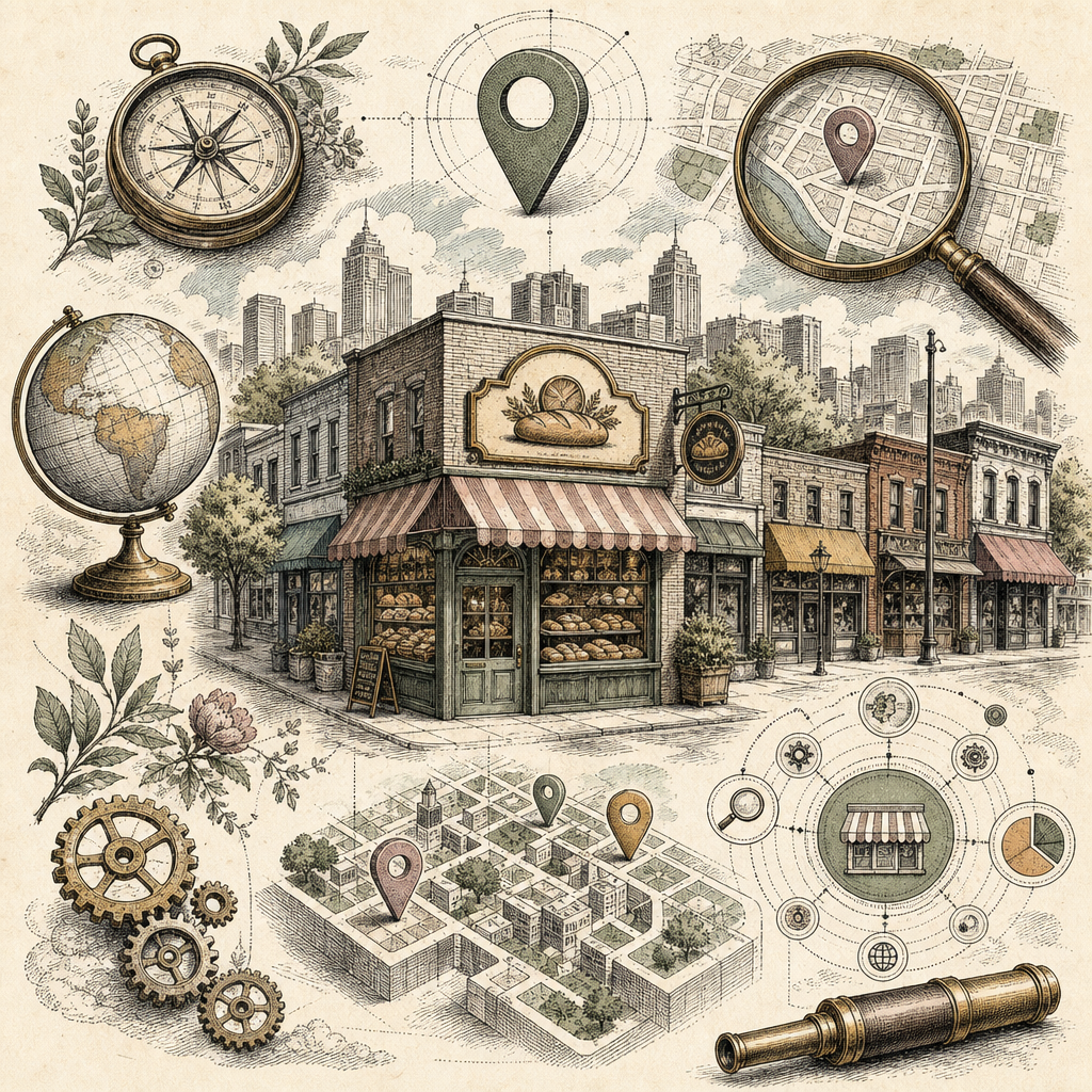 A vibrant cityscape with a bakery sign prominently highlighted among other local businesses, representing local SEO strategies; symbols of digital maps and search icons interwoven into the scene.