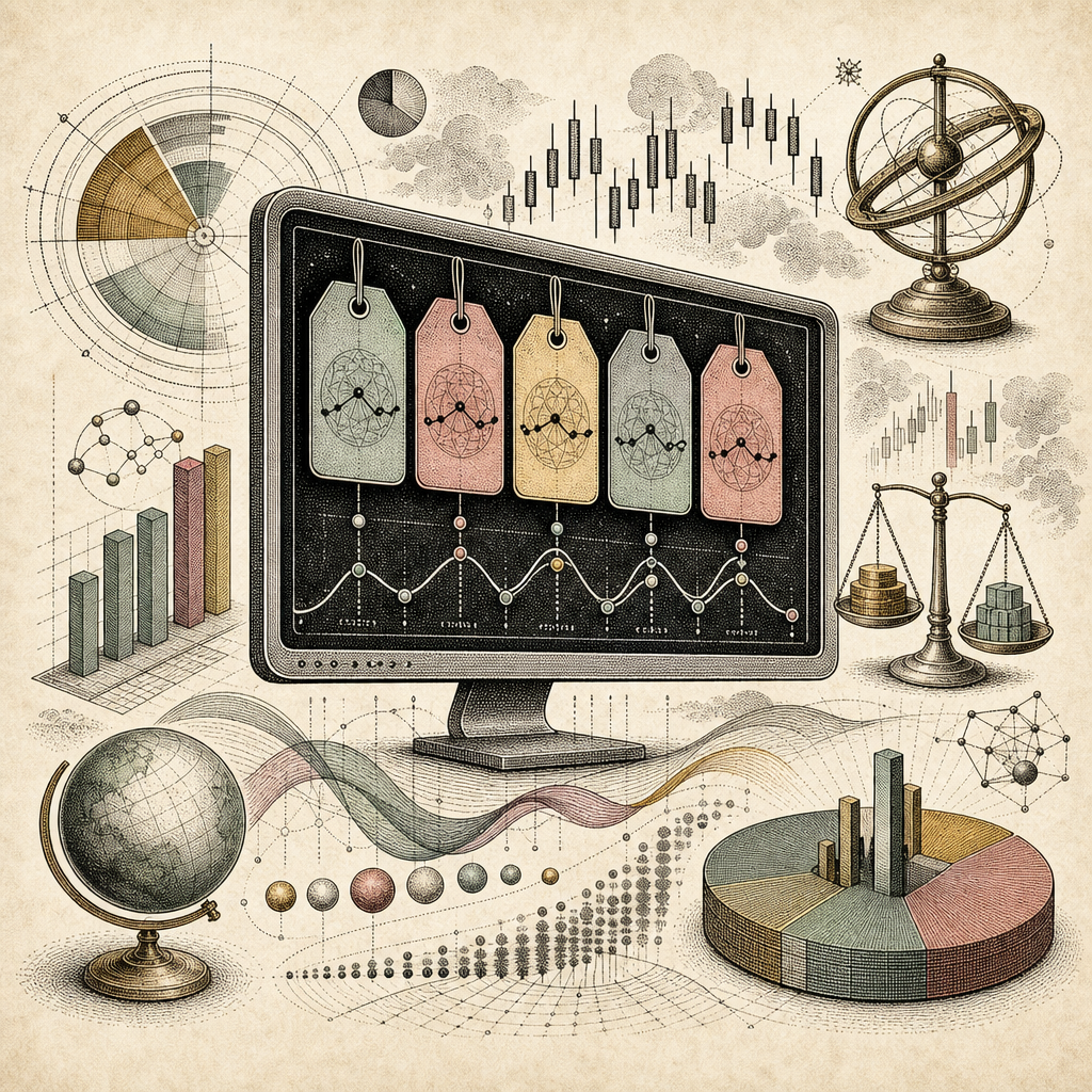 An abstract scene depicting fluctuating price tags on a digital display, surrounded by graphs and financial symbols, illustrating dynamic pricing strategies.