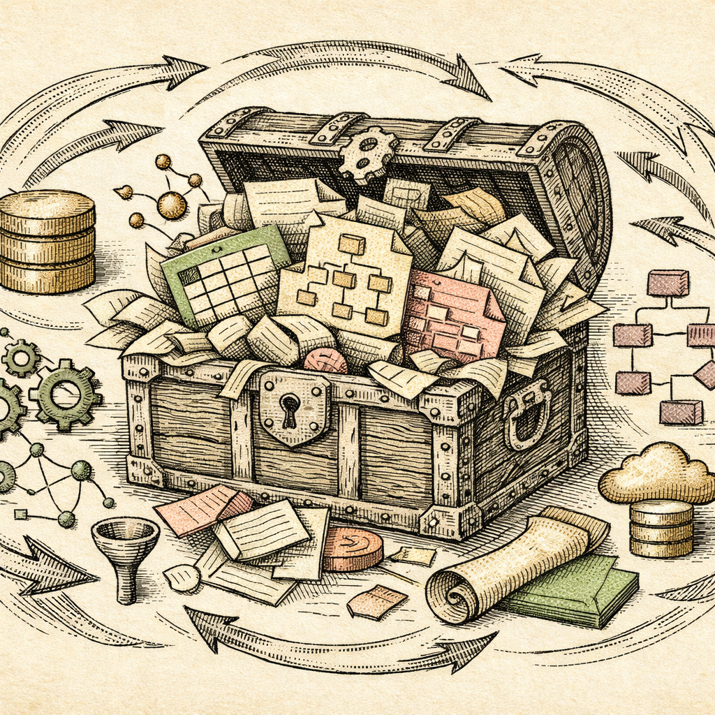 A digital treasure chest with various file formats like CSV, XML, JSON spilling out, each symbolically depicted by abstract shapes and symbols. The chest is surrounded by swirling arrows indicating co