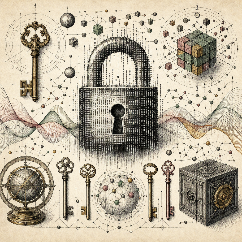 A digital lock made of binary code, surrounded by abstract data symbols like keys and encrypted text, symbolizing the concept of encryption.