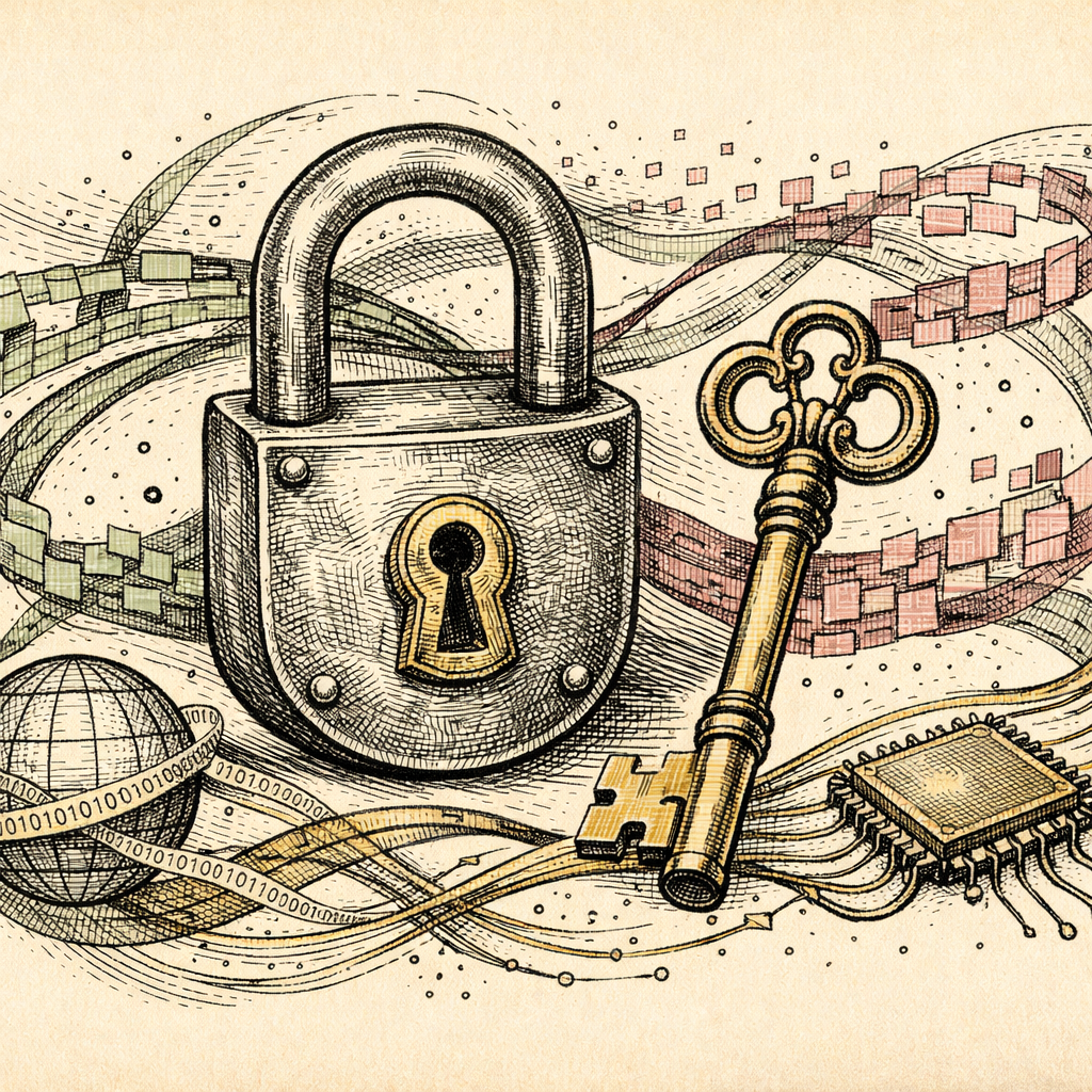 An abstract digital lock and key, with data streams weaving around them, symbolizing encryption and digital security.