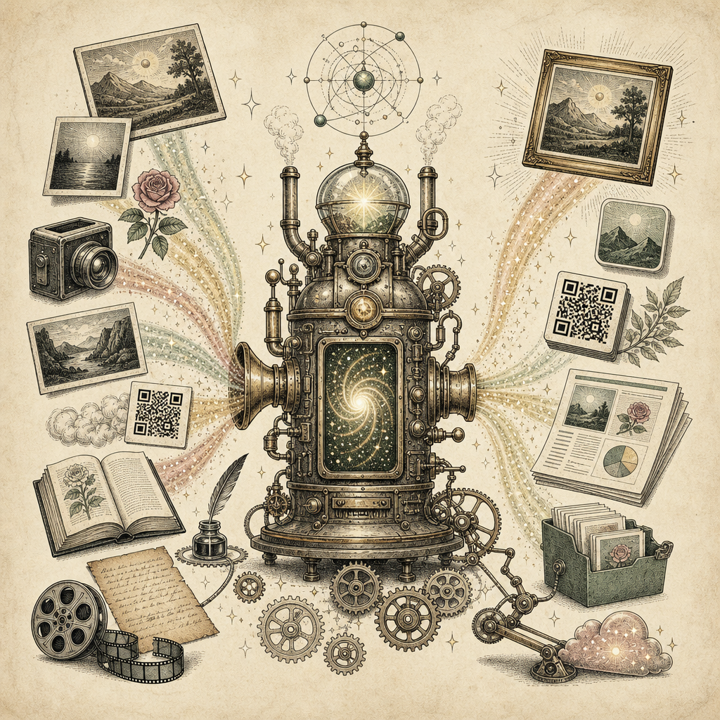 A magical scene showing a variety of digital tasks like images, QR codes, and documents being transformed effortlessly by a whimsical automation machine, surrounded by sparkles and gears.