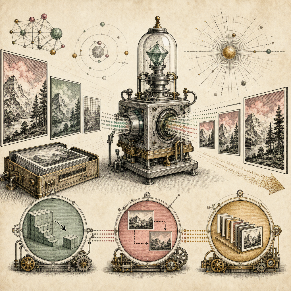 A series of digital images being processed through a futuristic machine that's visibly optimizing them, with icons representing compression, resizing, and format conversion.