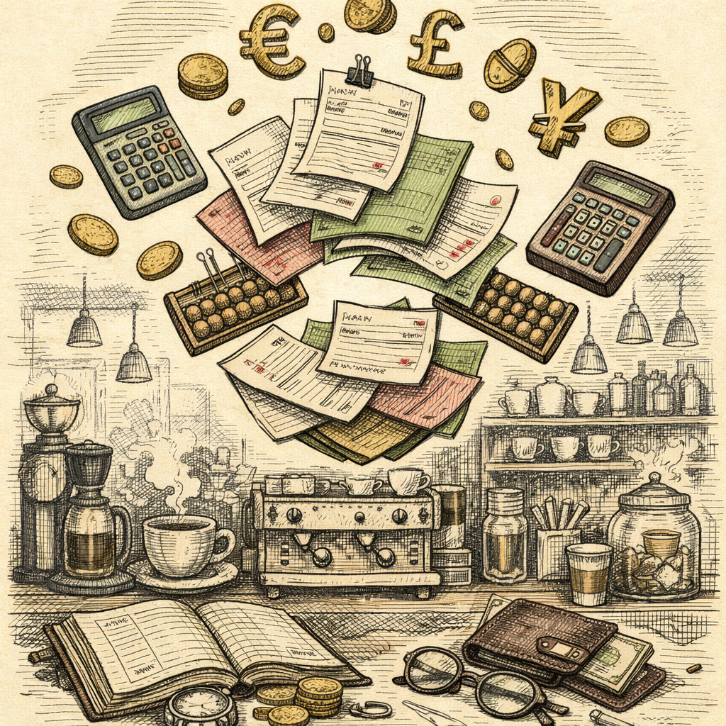 A whimsical scene of a juggler balancing invoices, calculators, and currency symbols in the air, set against a backdrop of a bustling coffee shop, symbolizing the dynamic financial challenges of freel