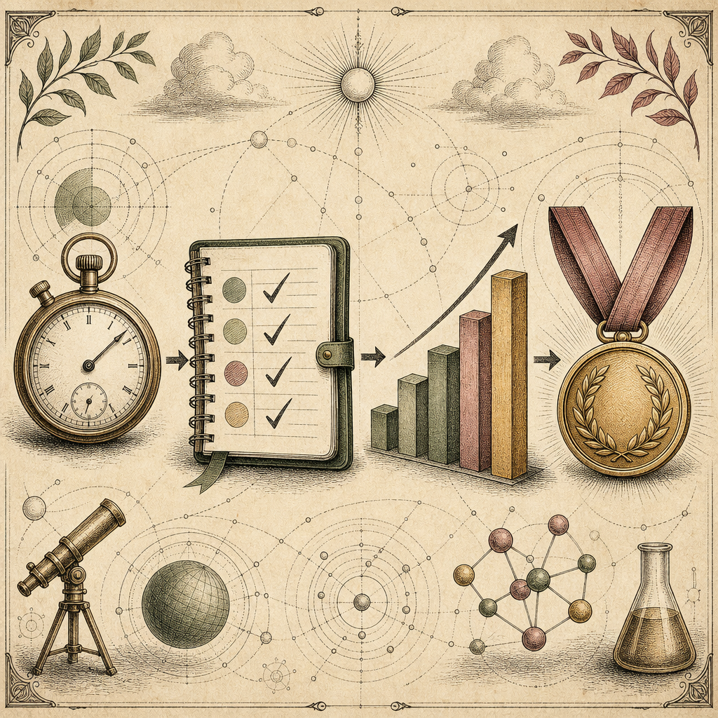 An abstract representation of habit building: a sequence of icons including a ticking stopwatch, a planner with checked tasks, a rising bar graph, and a gold medal, symbolizing progress and achievemen