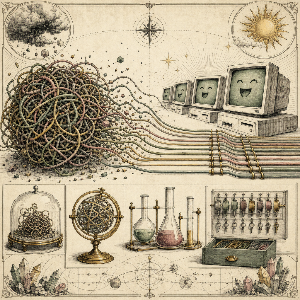 A tangled ball of code unraveling into neat, organized lines with laughing computer screens in the background, illustrating the chaos of technical debt with a humorous twist.