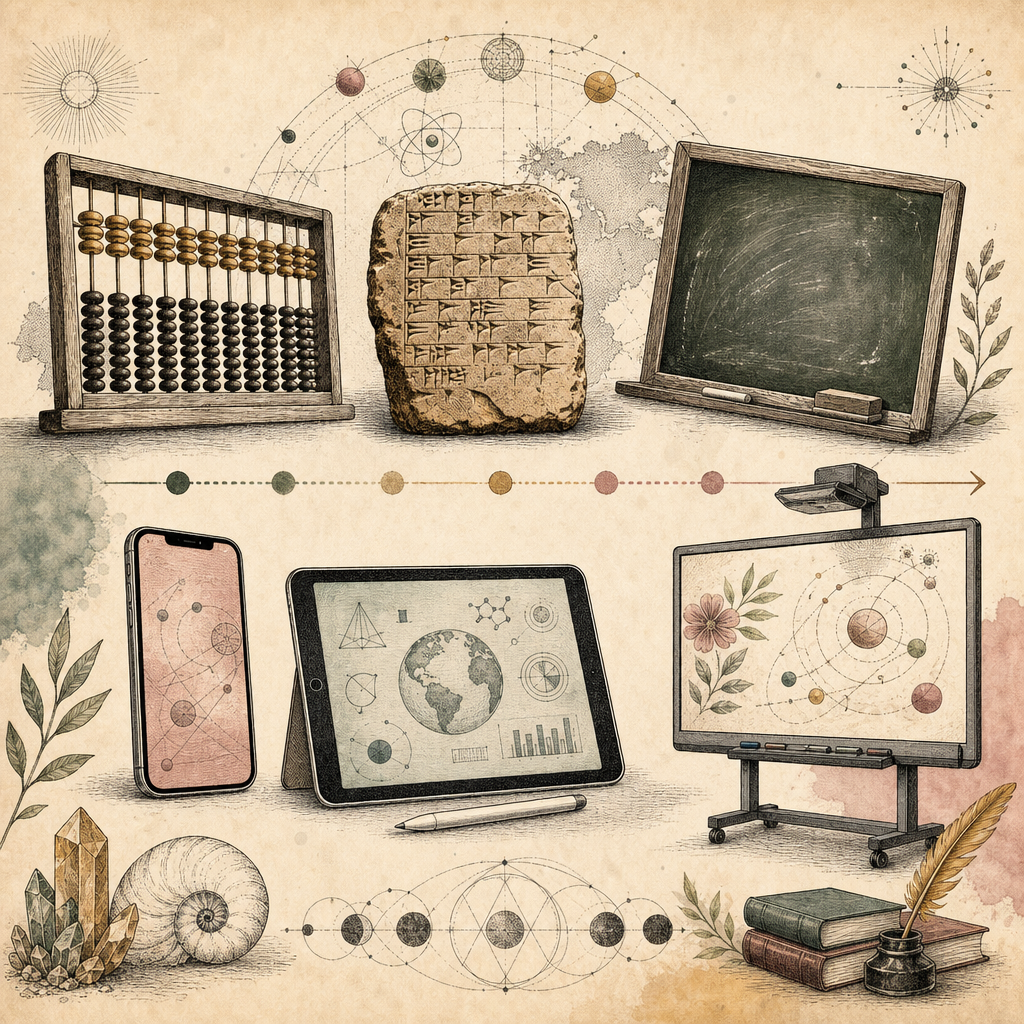 A collage showing the evolution of learning tools: from an abacus, a clay tablet, and a chalkboard, transitioning to a smartphone, a tablet, and a digital whiteboard, symbolizing the journey from anci