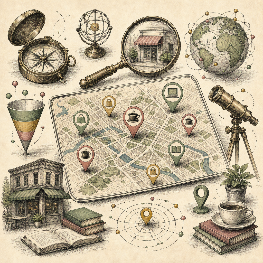 A digital map with vibrant pins and icons representing local businesses, such as cafes, bookstores, and tech stores, emphasizing local SEO concepts.