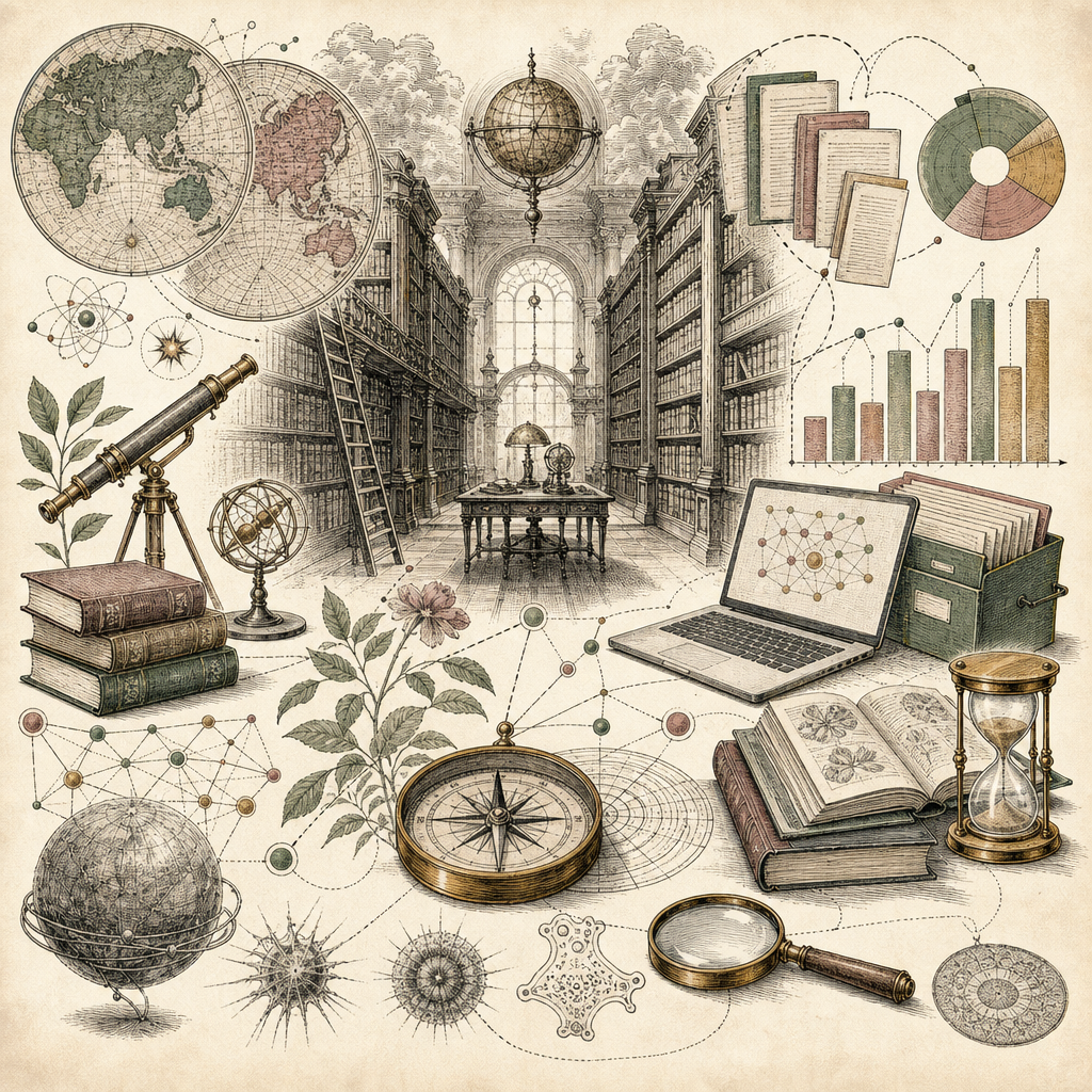 A whimsical library scene with towering bookshelves, maps, and compasses intertwined with digital elements like citations, flashcards, and readability graphs, symbolizing the journey of academic resea