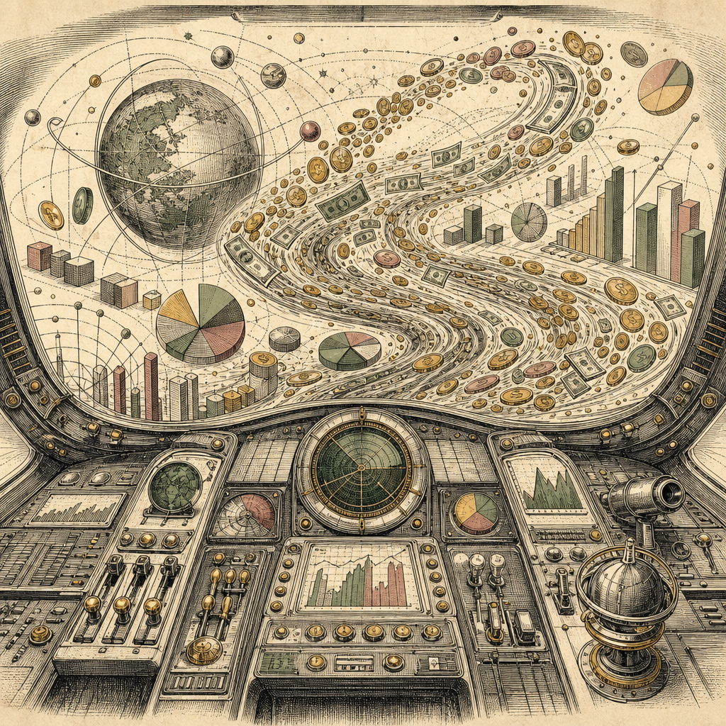 A dynamic flow of cash represented by abstract streams of coins and bills swirling around business symbols like graphs, calculators, and financial charts, set against a futuristic cockpit dashboard.