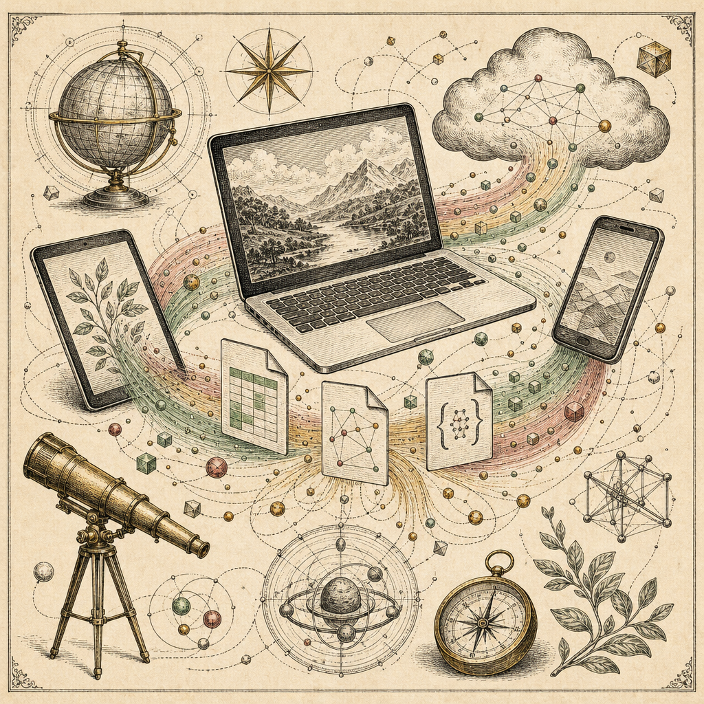 A digital symphony of various device icons (laptop, tablet, smartphone) interconnected by vibrant data streams, symbolizing seamless cross-platform workflows with abstract file icons like CSV and JSON