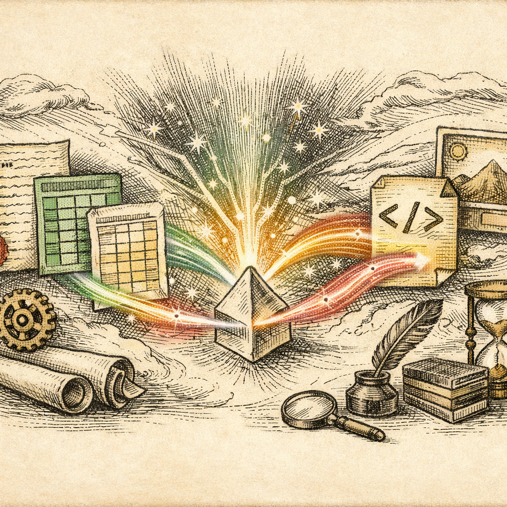 An abstract representation of various file formats (PDF, CSV, XML, JPEG) being transformed with magical beams of light connecting them, like a wizard casting a spell on documents.