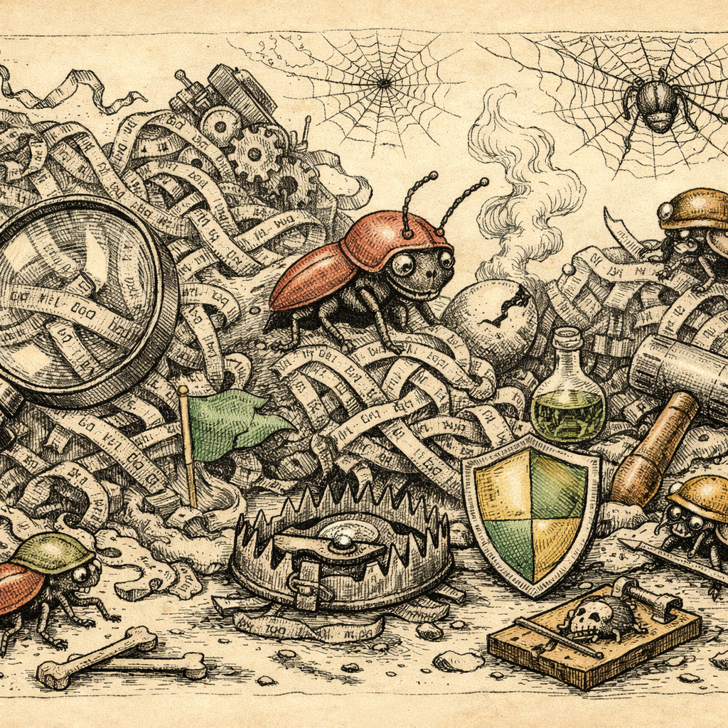 A chaotic landscape filled with tangled code, bugs wearing tiny helmets, and developer tools like magnifying glasses, hammers, and shields.