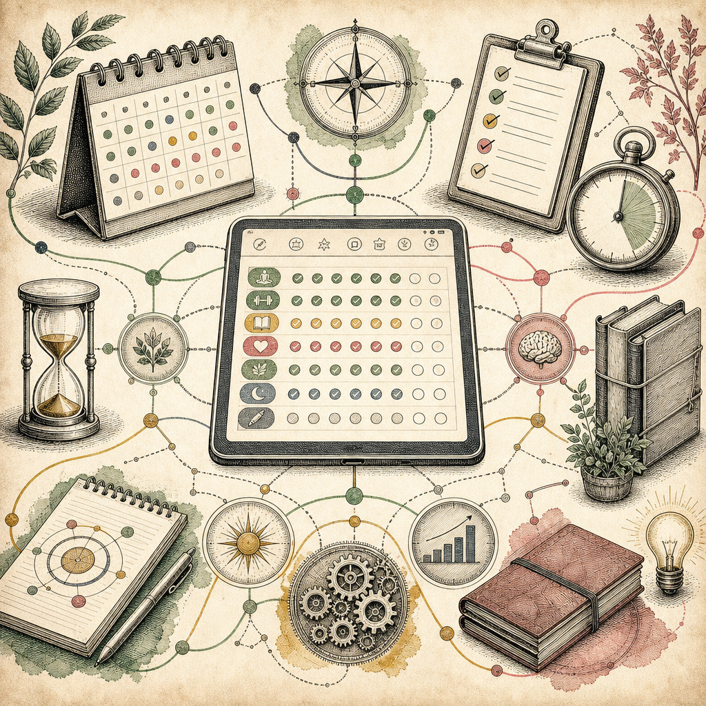 A digital habit tracker interface surrounded by icons of organization tools like calendars, checklists, and timers, with colorful pathways connecting them in a web of productivity.