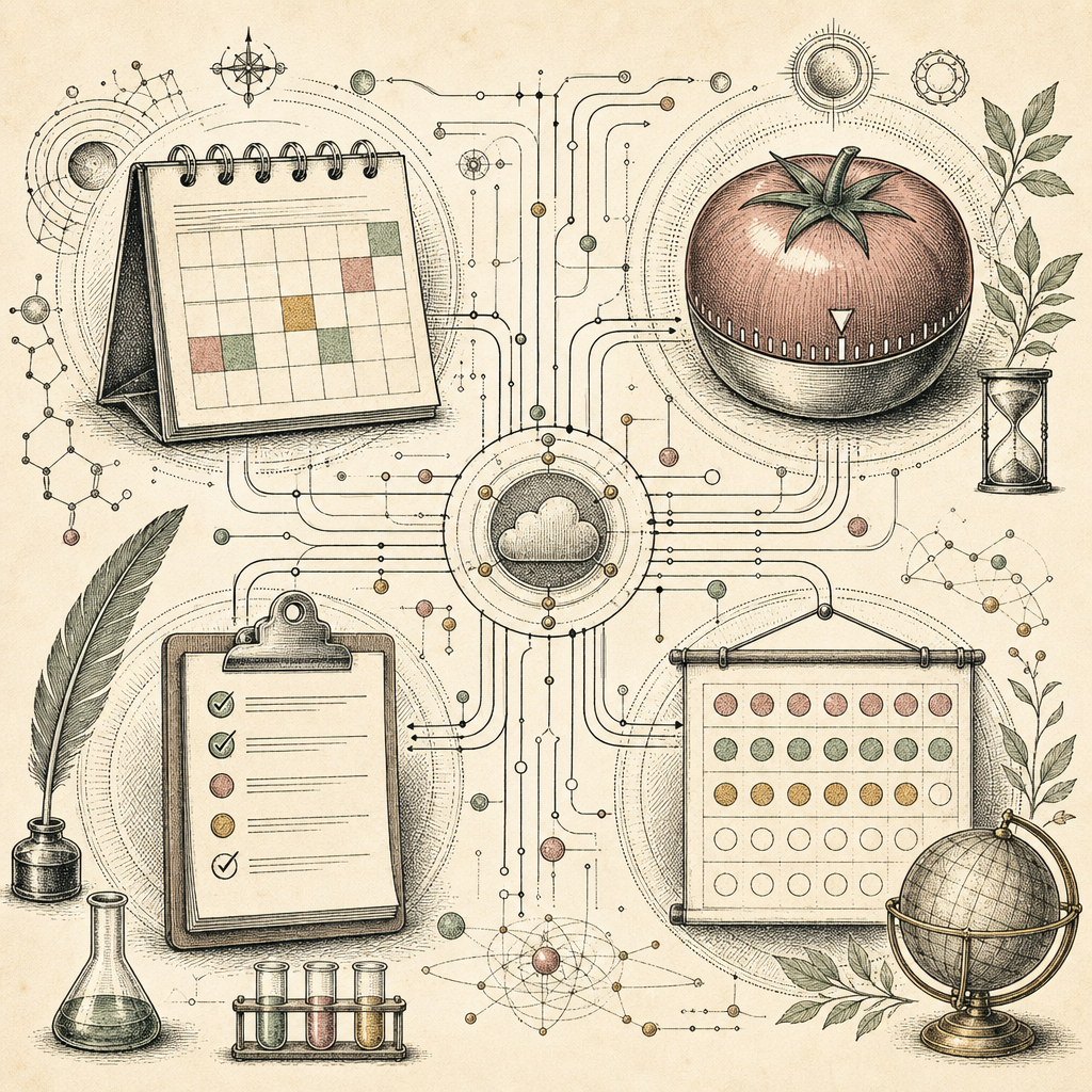 An abstract representation of digital organization with icons of a calendar, a Pomodoro timer, a checklist, and a habit tracker, all interconnected by flowing digital lines, symbolizing streamlined wo