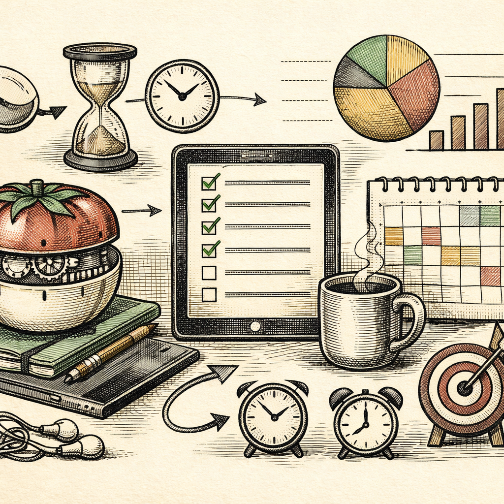 A digital workspace with a virtual desk featuring a Pomodoro timer, checklist, and digital calendar. The scene is organized and tidy, symbolizing efficient digital organization.