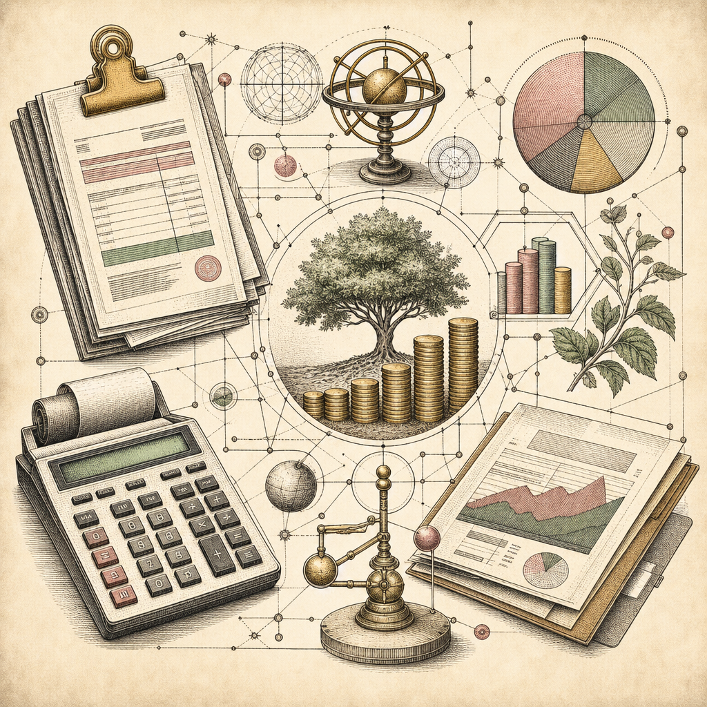 An abstract composition featuring tools of financial management for freelancers: invoices, calculators (ROI, cash flow), and a visual representation of compound interest, all interconnected with digit